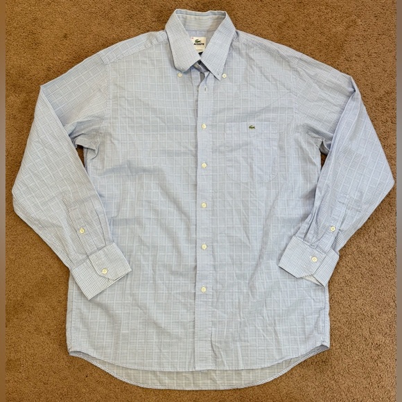 Lacoste Shirt Men 42 Blue White Plaid Long Sleeve Button Down Alligator Logo - Picture 1 of 6
